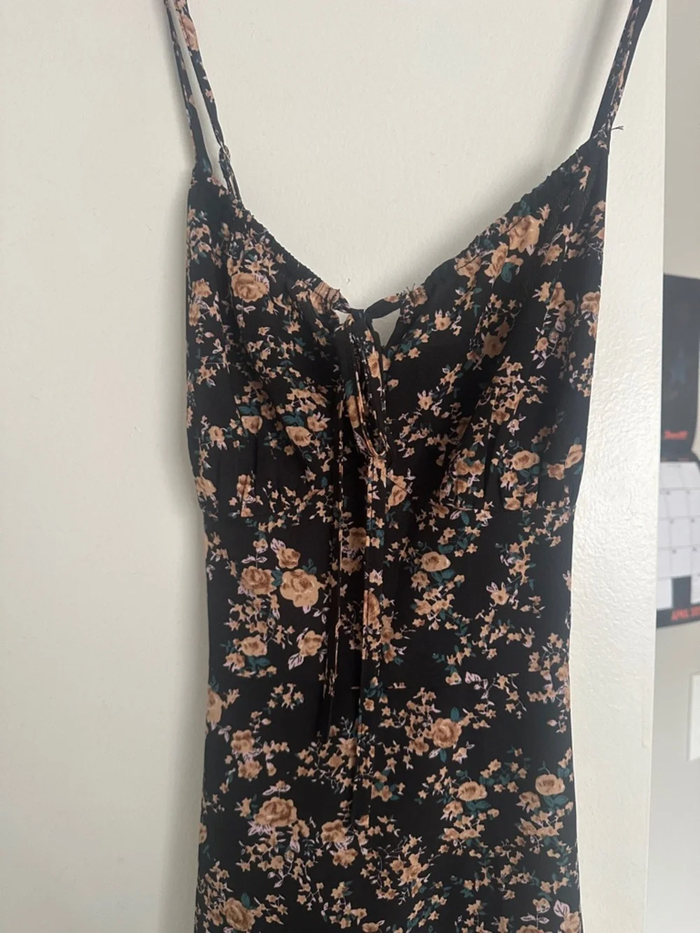 Black Floral Whimsigoth Slip Dress with Tan Rose Print - Picture 2 of 3
